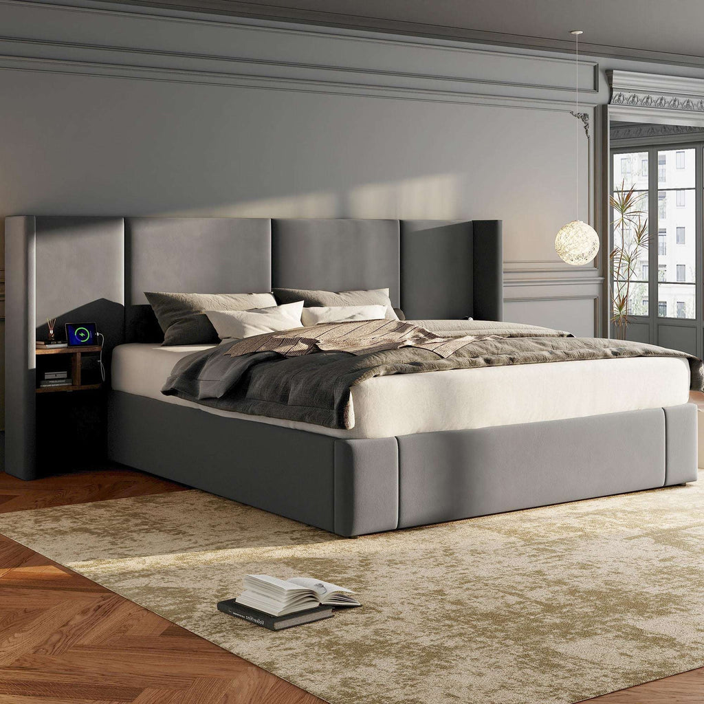 Grey Velvet Ottoman King Bed | USB Charging & Bedside Tables | 5ft | Premium Home Decor | OFIA HOME