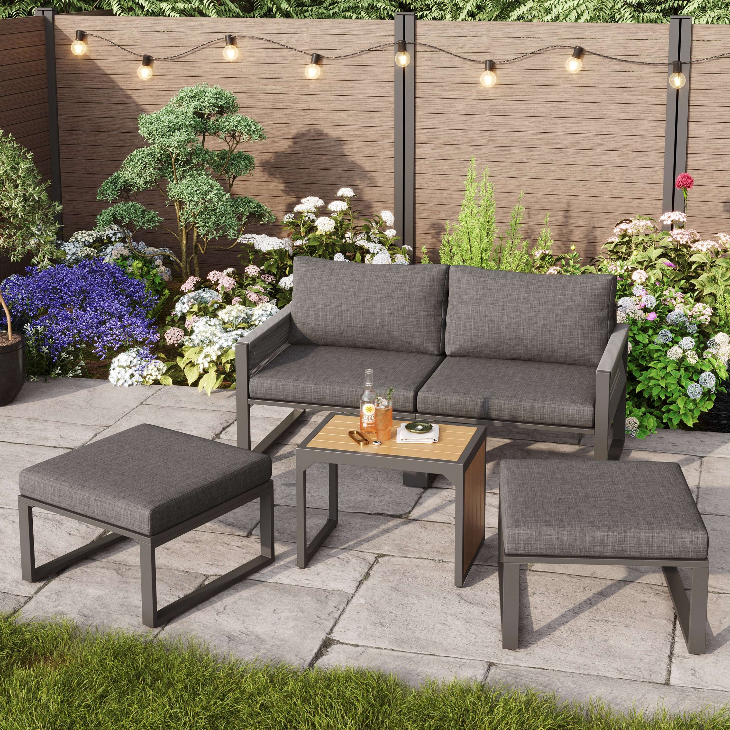 Modular Garden Sofa Set | 2-4 Seater Corner Lounge with Wood Table | Grey | Premium Home Decor | OFIA HOME