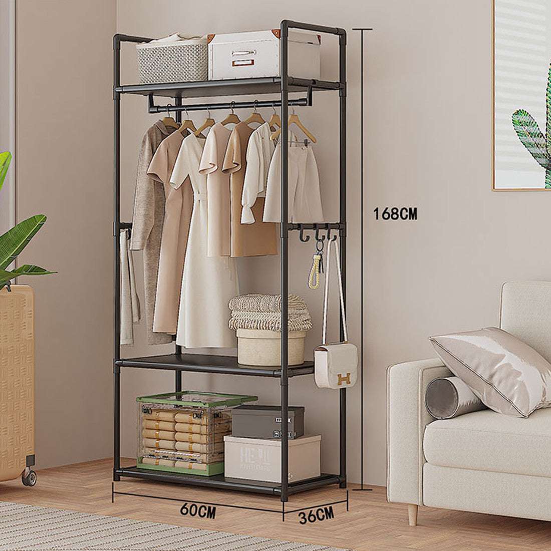 Black Multifunctional Clothes Rail & Shoe Rack | Freestanding Garment Stand with Storage Shelf | Premium Home Decor | OFIA HOME