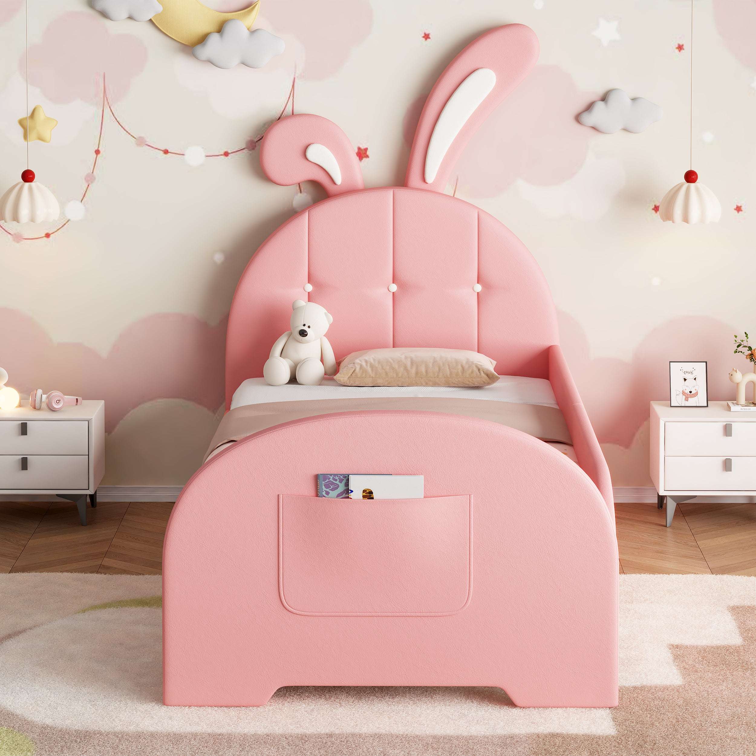 Pink Rabbit Single Bed | Bunny Ear Headboard & Footboard Pocket | Premium Home Decor | OFIA HOME