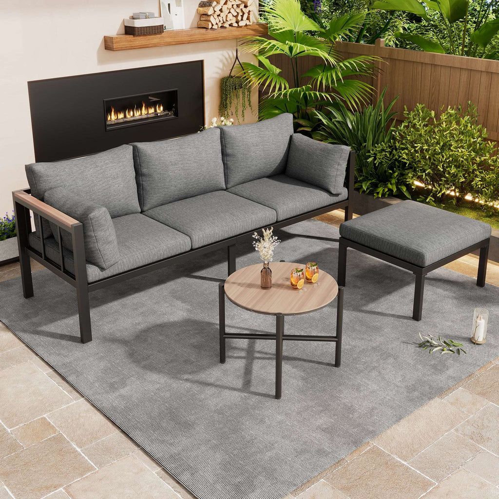 Corner Garden Sofa Set with Coffee Table & Footstool — Grey | Premium Home Decor | OFIA HOME