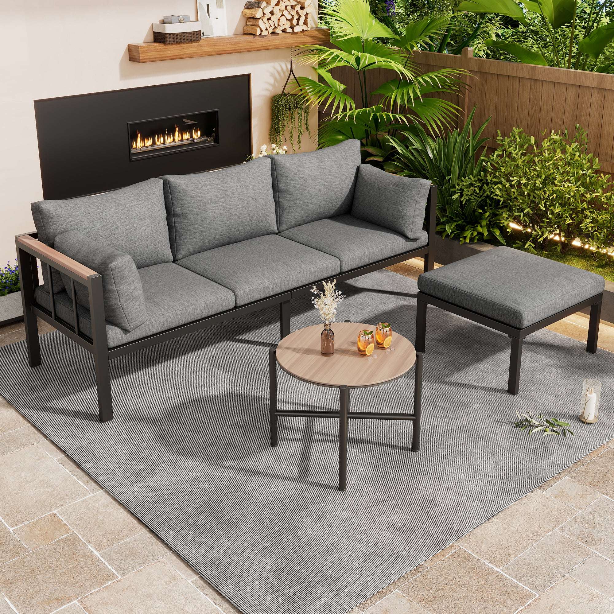 Corner Garden Sofa Set with Coffee Table & Footstool — Grey | Premium Home Decor | OFIA HOME