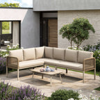 Beige L-Shaped Garden Sofa Set | 5-6 Seater | Rope Weave & Glass Table | OFIA HOME | Premium Home Decor | OFIA HOME