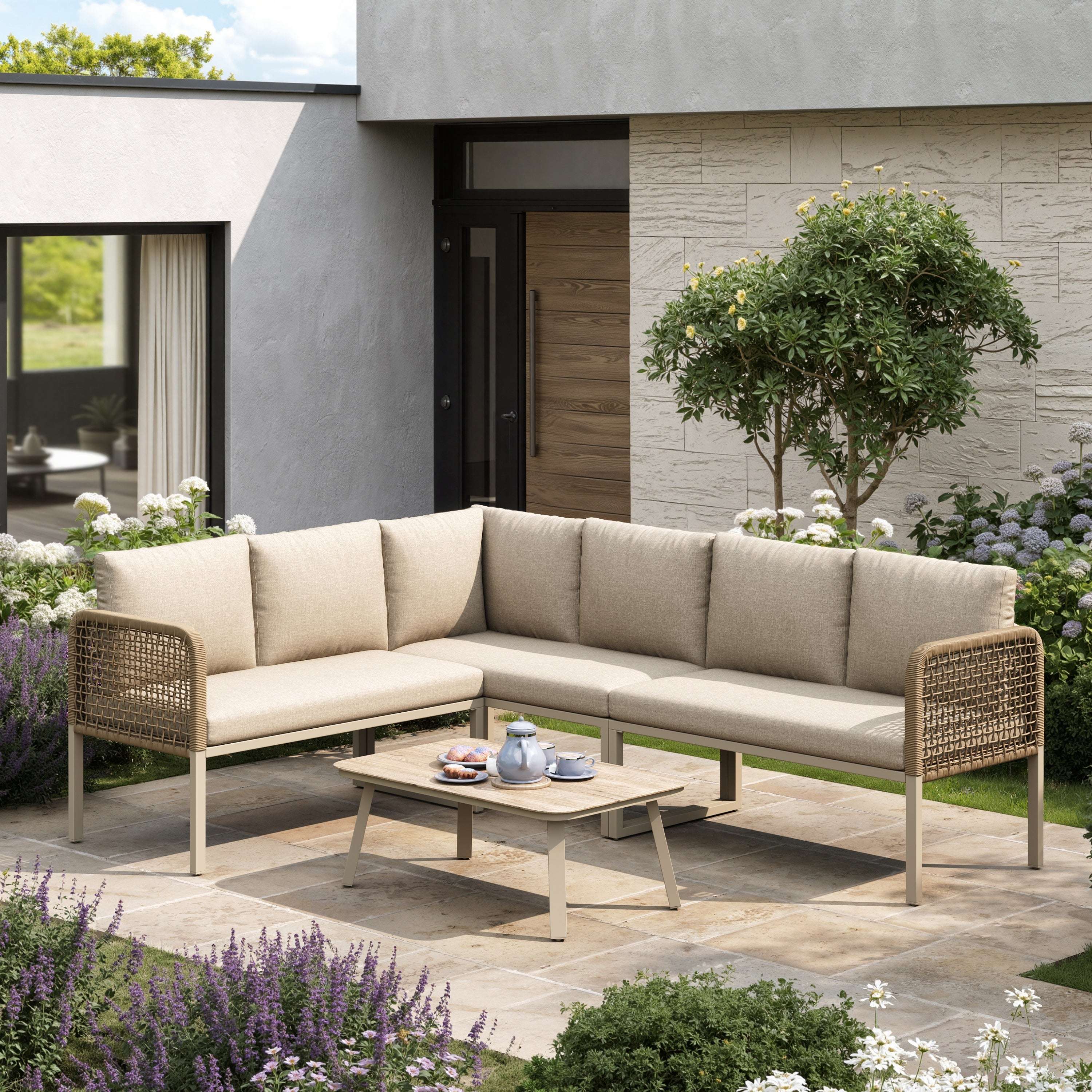 Beige L-Shaped Garden Sofa Set | 5-6 Seater | Rope Weave & Glass Table | OFIA HOME | Premium Home Decor | OFIA HOME