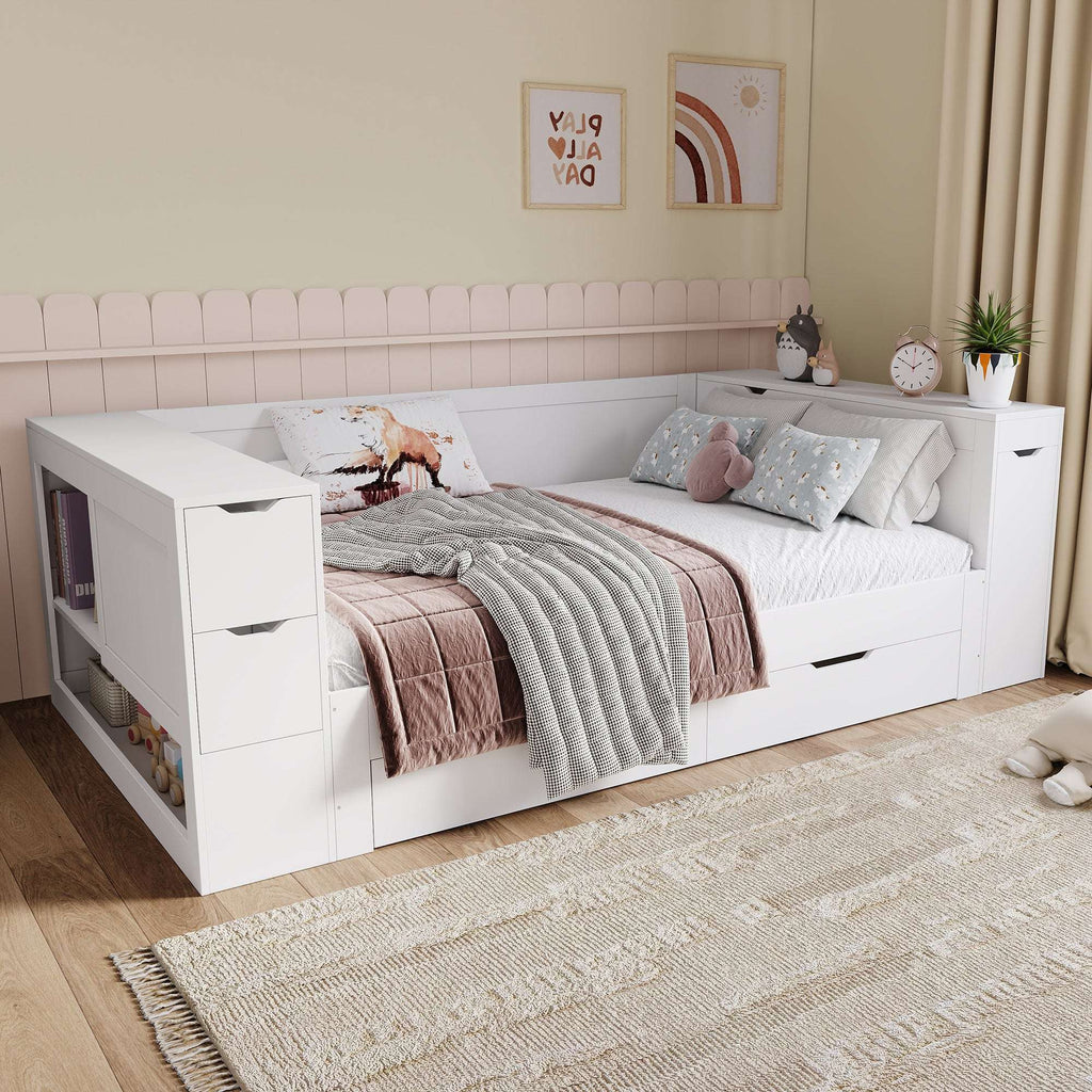 White Children's Daybed | Storage Drawers, Shelves & Bedside | 3ft | Premium Home Decor | OFIA HOME