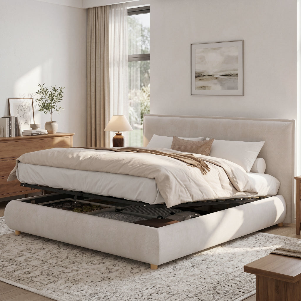 Cream Velvet Super King Ottoman Bed | Hydraulic Storage | 6ft | Premium Home Decor | OFIA HOME