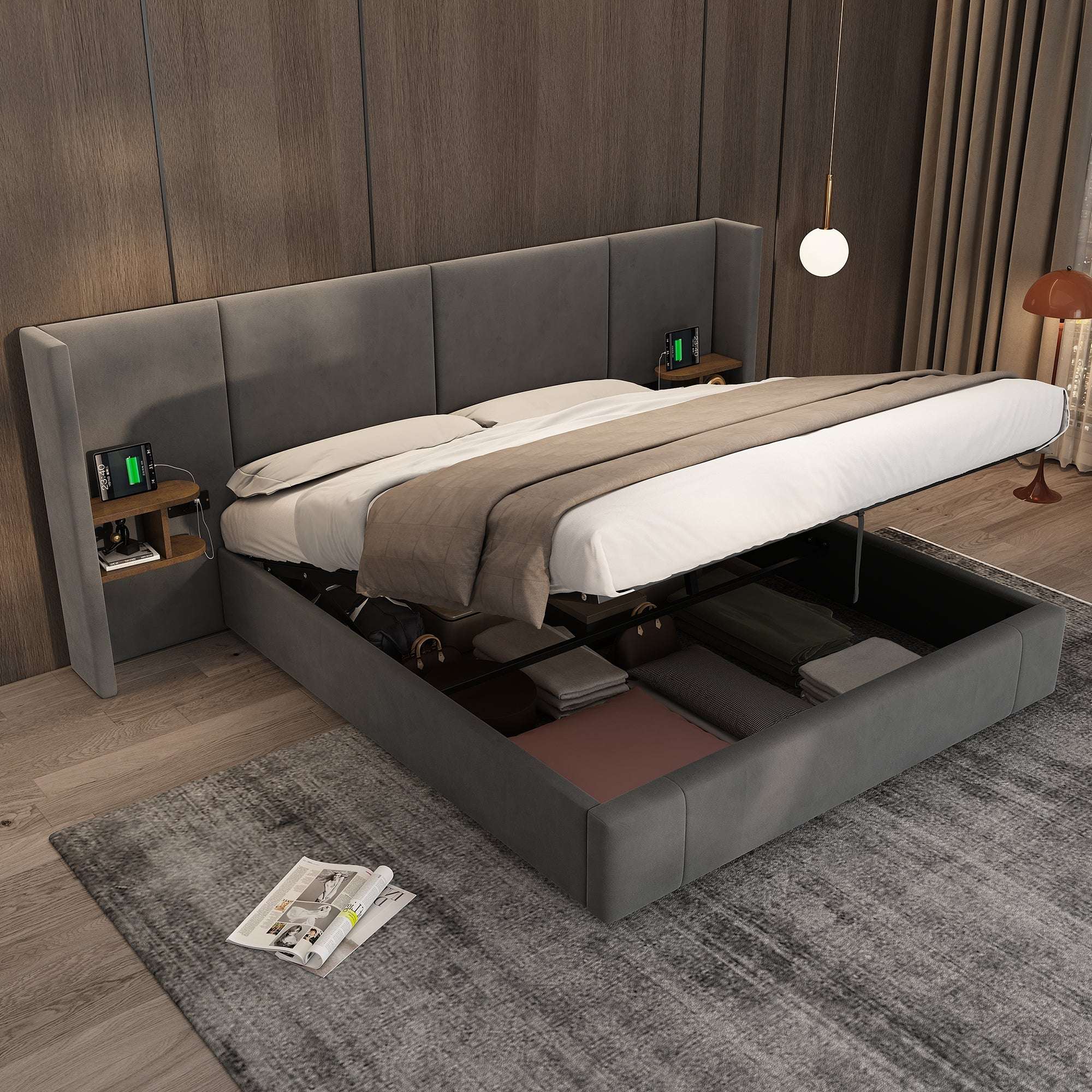 Grey Velvet Ottoman King Bed | USB Charging & Bedside Tables | 5ft | Premium Home Decor | OFIA HOME