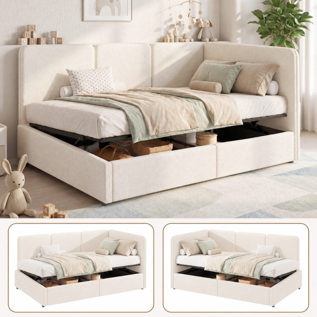 Beige Bouclé Single Ottoman Daybed with Storage | 3ft Chaise | Premium Home Decor | OFIA HOME