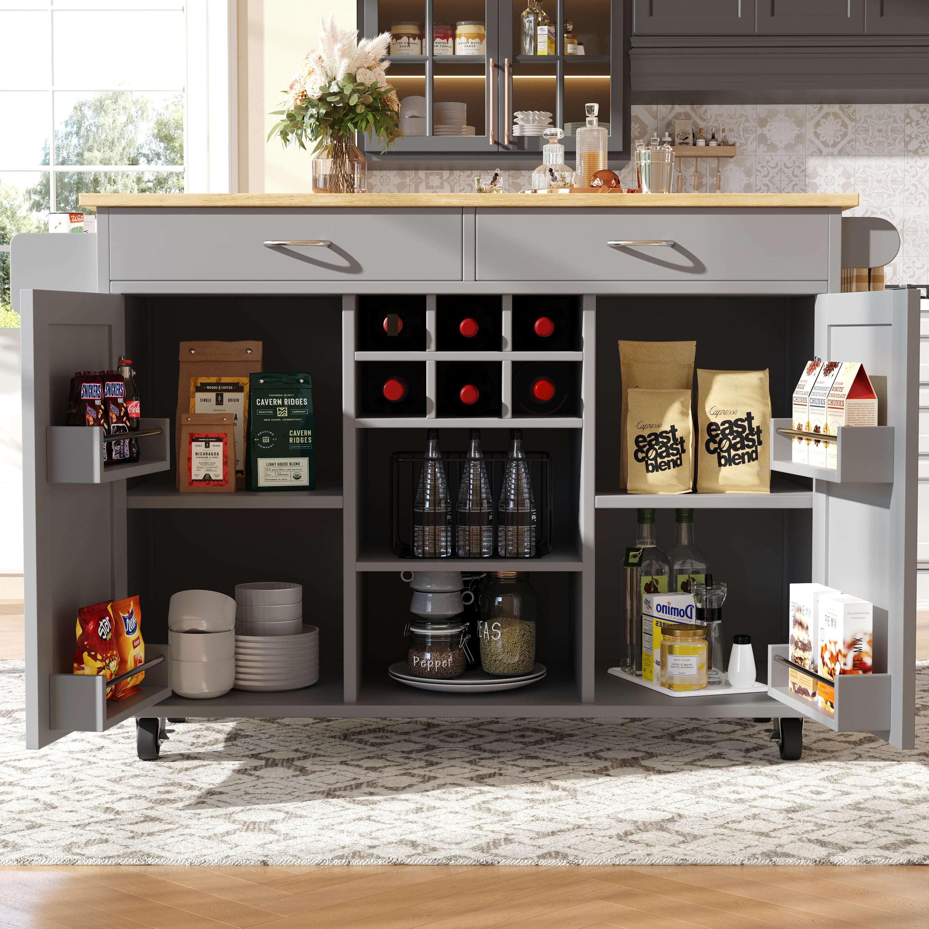 Wood Grain Kitchen Island with Storage — Grey | Premium Home Decor | OFIA HOME