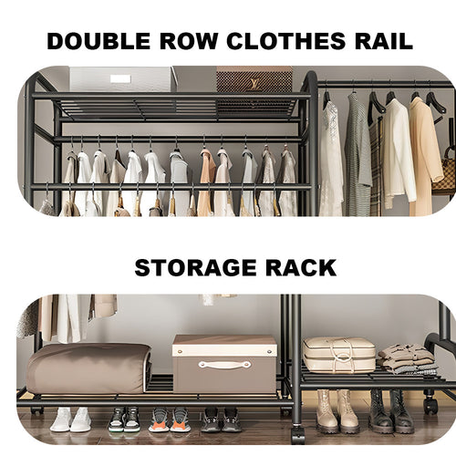 Black Double Clothes Rail – Heavy Duty Garment Hanging Rack with Shelf