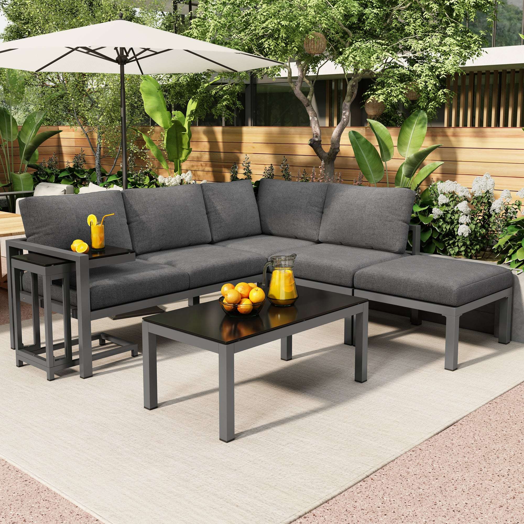 Grey Rattan Corner Garden Sofa Set | 4-5 Seater with Tables | Premium Home Decor | OFIA HOME
