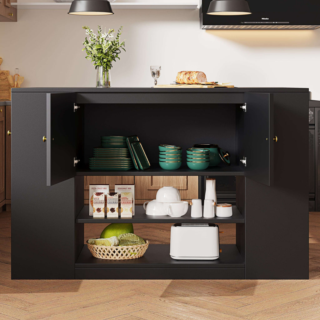 Black Kitchen Island Cabinet with Drawers & Open Shelves | Premium Home Decor | OFIA HOME