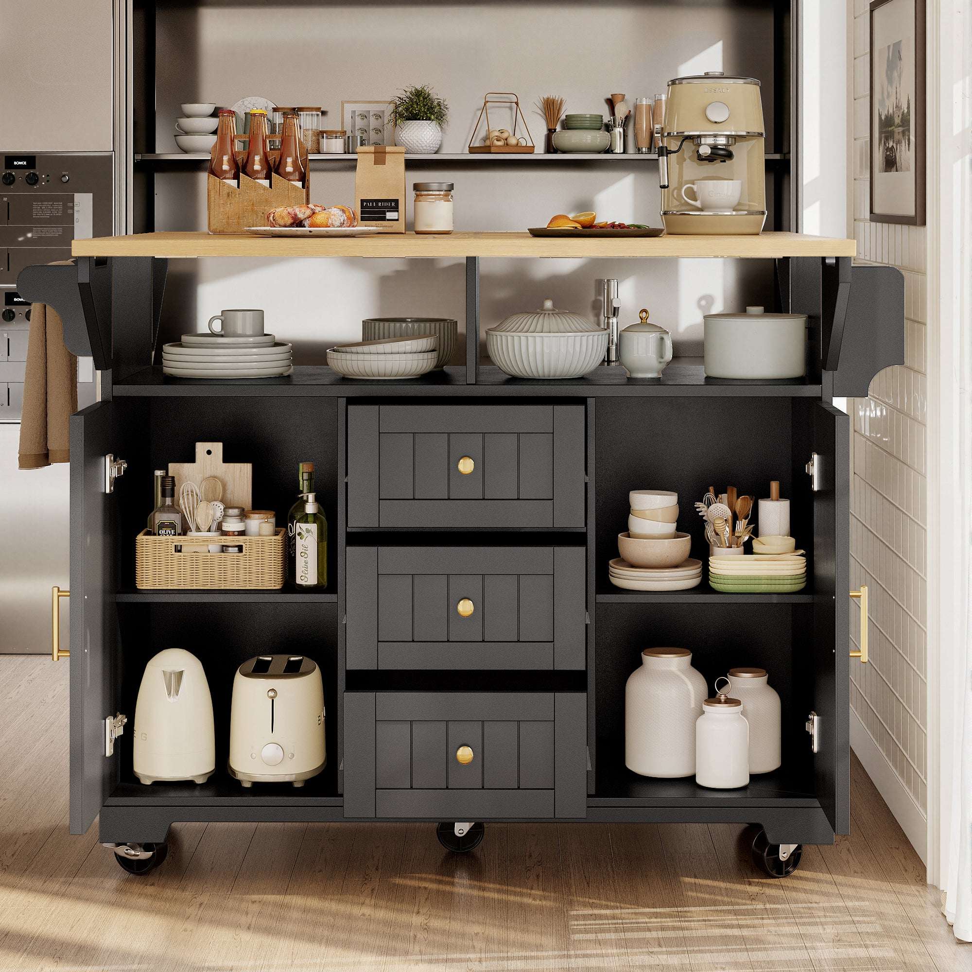 Black Kitchen Island Cabinet with Drawers & Open Shelves | Premium Home Decor | OFIA HOME