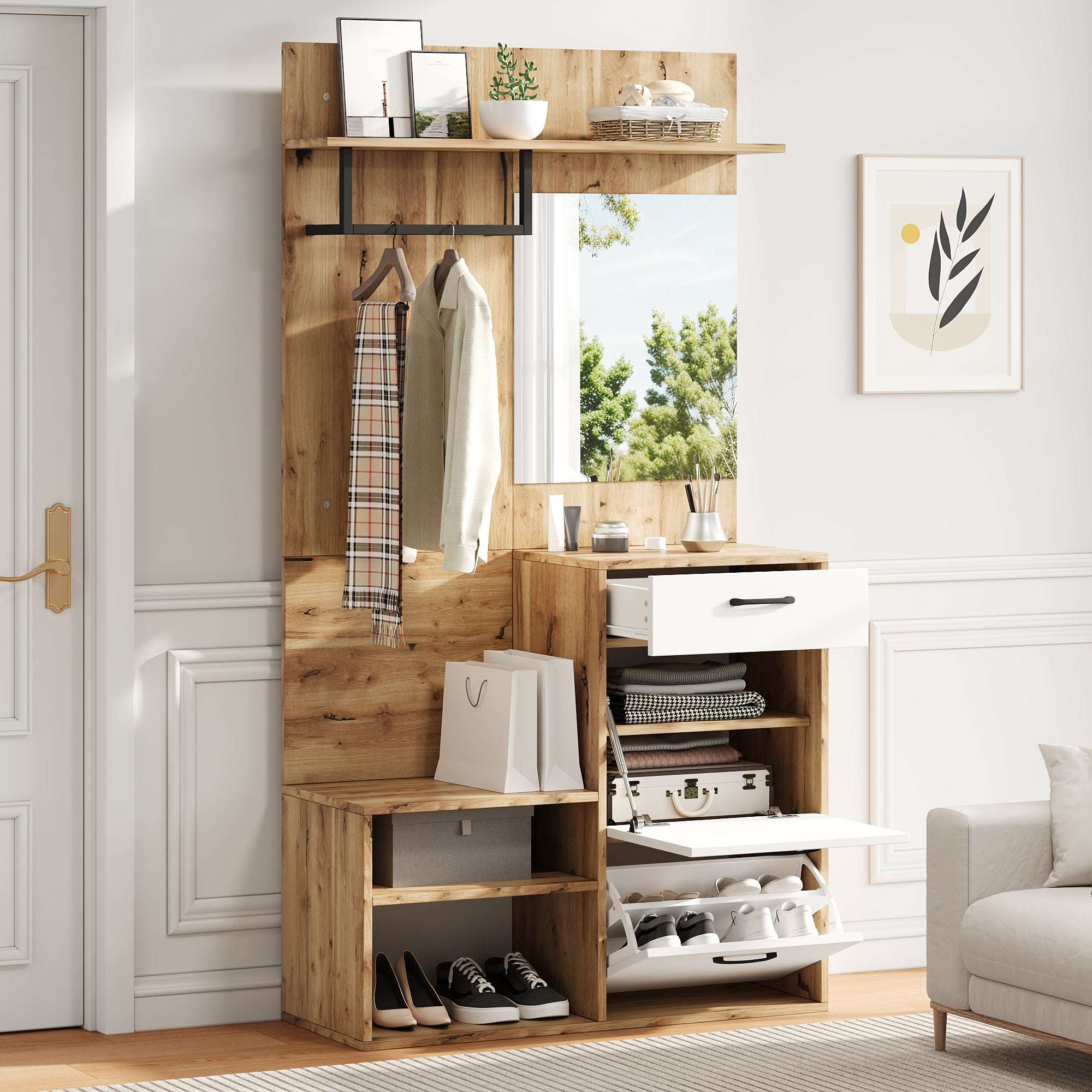 7-in-1 Hall Tree with Coat Rack, Mirror & Shoe Storage – White & Oak | Premium Home Decor | OFIA HOME