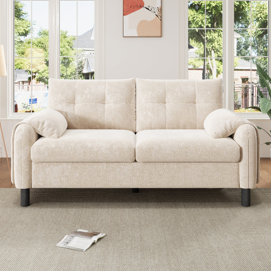Beige Chenille 2 Seater Sofa | Pillow Armrests, Side Storage & Pocket Spring Cushions | Premium Home Decor | OFIA HOME
