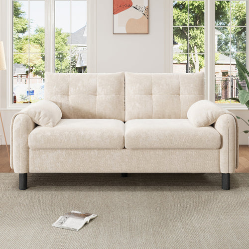 Beige Chenille 2 Seater Sofa | Pillow Armrests, Side Storage & Pocket Spring Cushions | Premium Home Decor | OFIA HOME