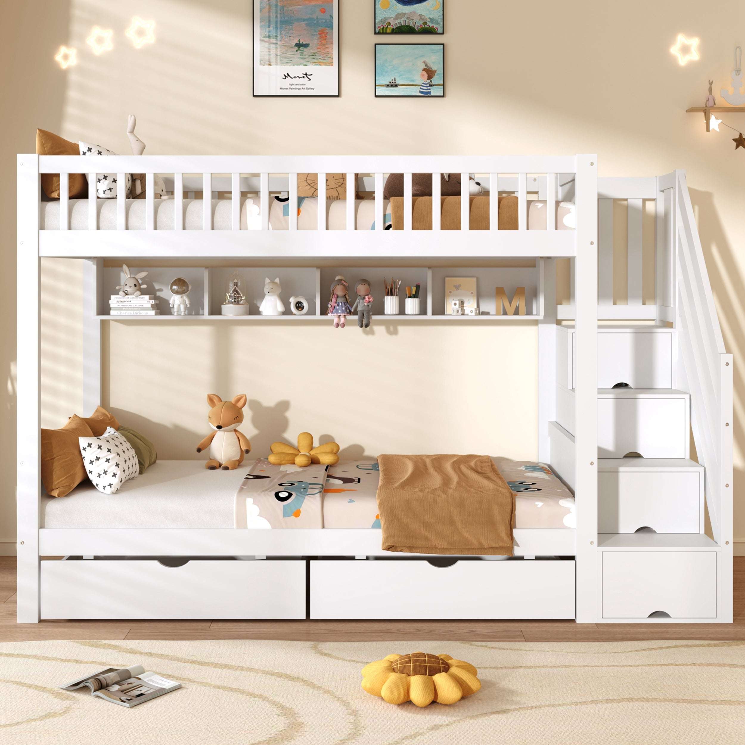 White Solid Wood Single Loft Bed | Stairs, Drawers & Rails | 3ft | Premium Home Decor | OFIA HOME