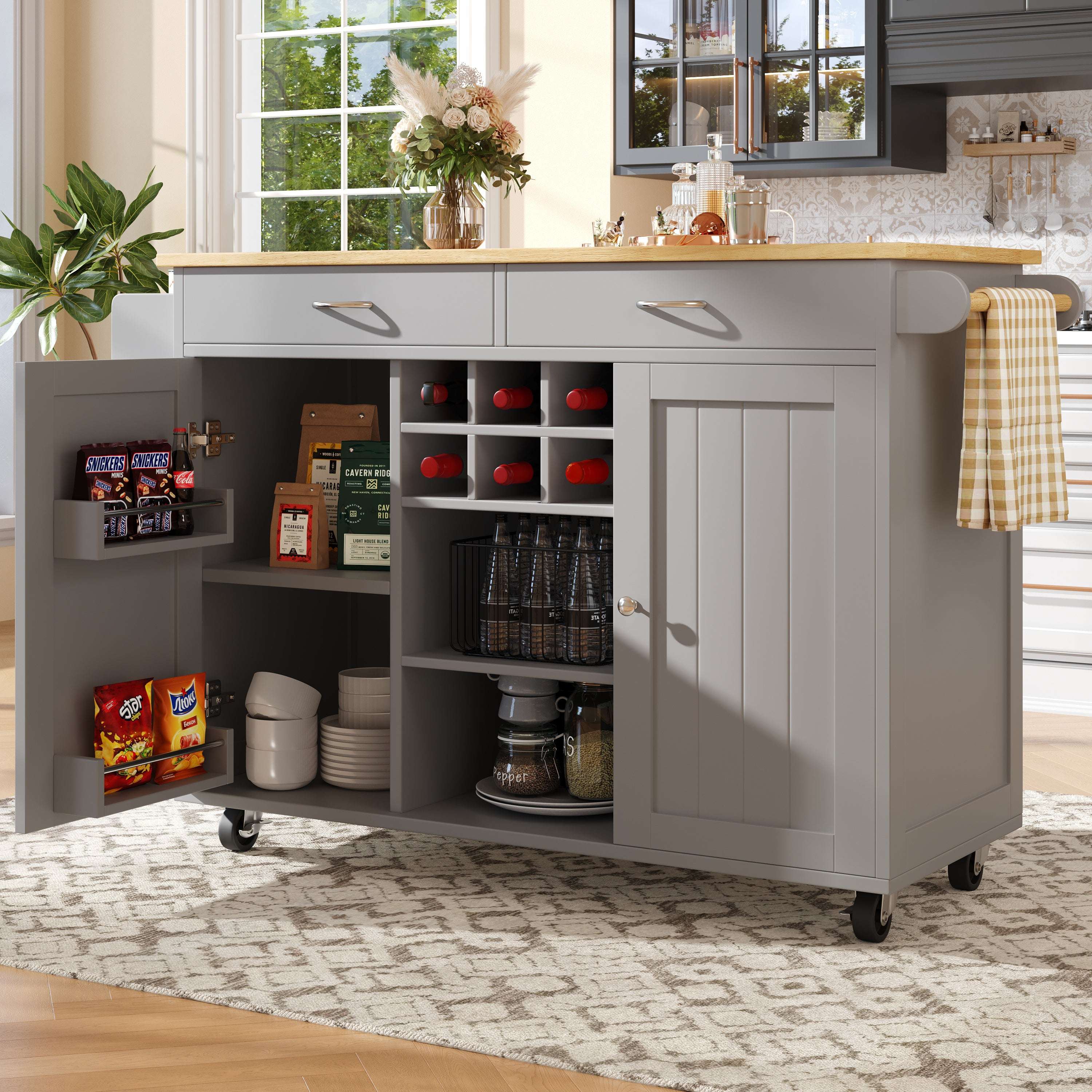 Wood Grain Kitchen Island with Storage — Grey | Premium Home Decor | OFIA HOME