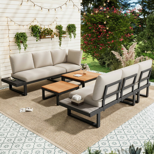 5-6 Seater Reclining Garden Lounge Set | 6-Piece Galvanized Steel Patio Furniture | Beige & Khaki | 2 WPC Tables | Premium Home Decor | OFIA HOME