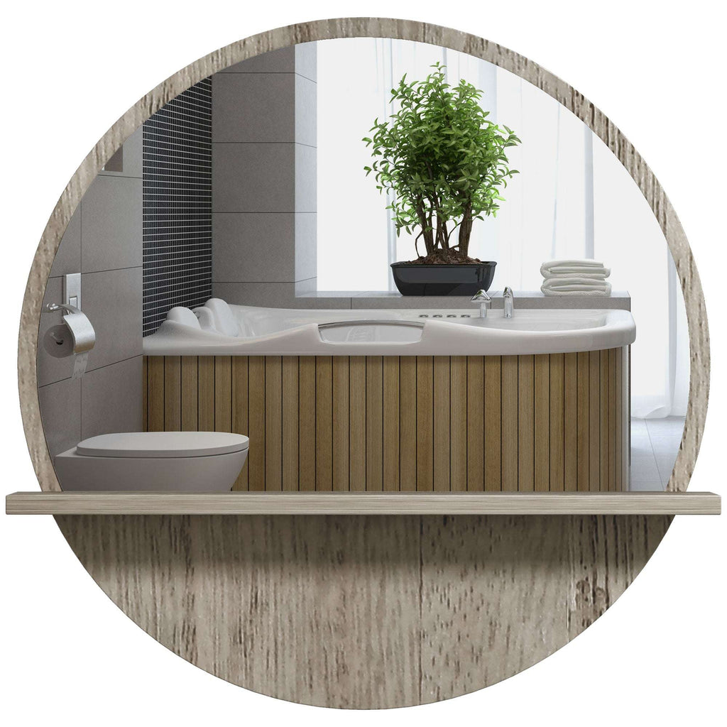 Kleankin 45cm Round Home Mirror, With Shelf - Grey Wood-Effect | Premium Home Decor | OFIA HOME