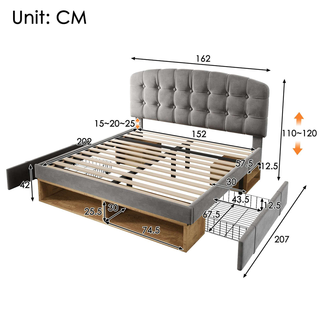 Grey Velvet King Bed | Storage Drawers & Adjustable Headboard | 5ft | Premium Home Decor | OFIA HOME