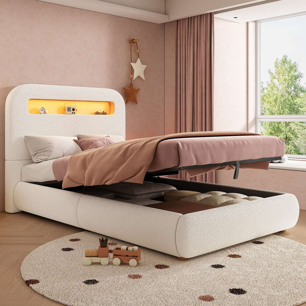 Children's Single Bed | Boucle Upholstered with LED Lighting & Hydraulic Storage | 3ft 90x190cm | White | Premium Home Decor | OFIA HOME