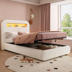 Children's Single Bed | Boucle Upholstered with LED Lighting & Hydraulic Storage | 3ft 90x190cm | White | Premium Home Decor | OFIA HOME