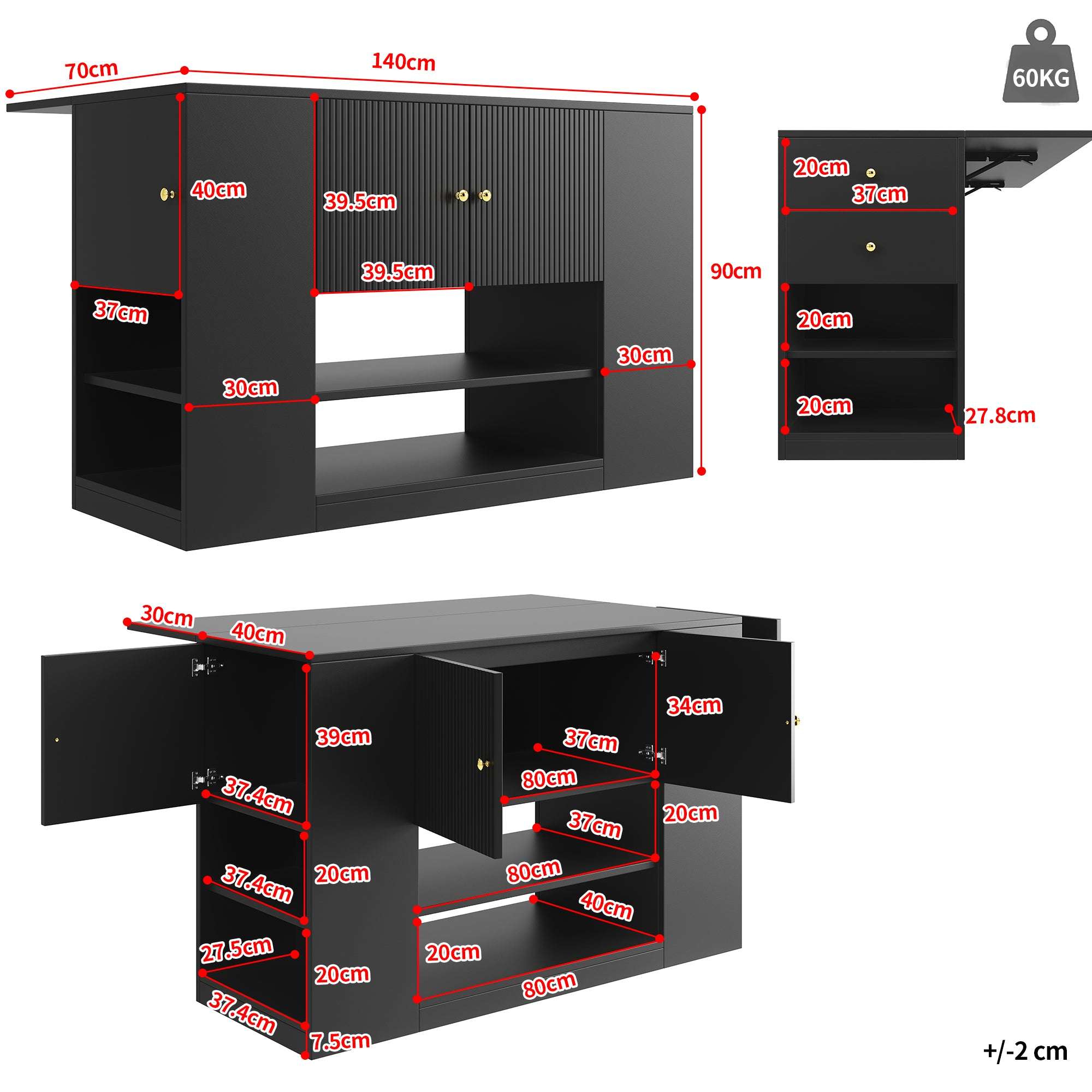Black Kitchen Island Cabinet with Drawers & Open Shelves | Premium Home Decor | OFIA HOME