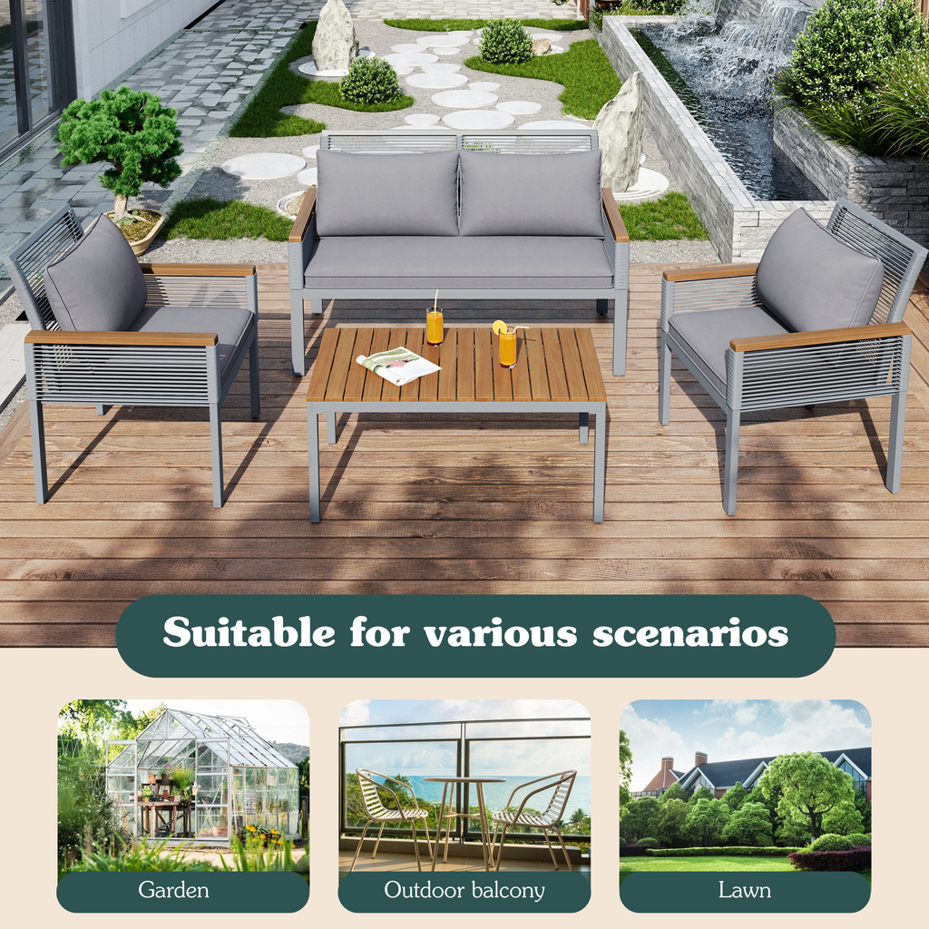 Garden Lounge Set, Garden Furniture Set With Comfortable Cushions, Double Sofa, 2 Armchairs And Table, Outdoor, Rattan, Table And Chairs, Grey | Premium Home Decor | OFIA HOME