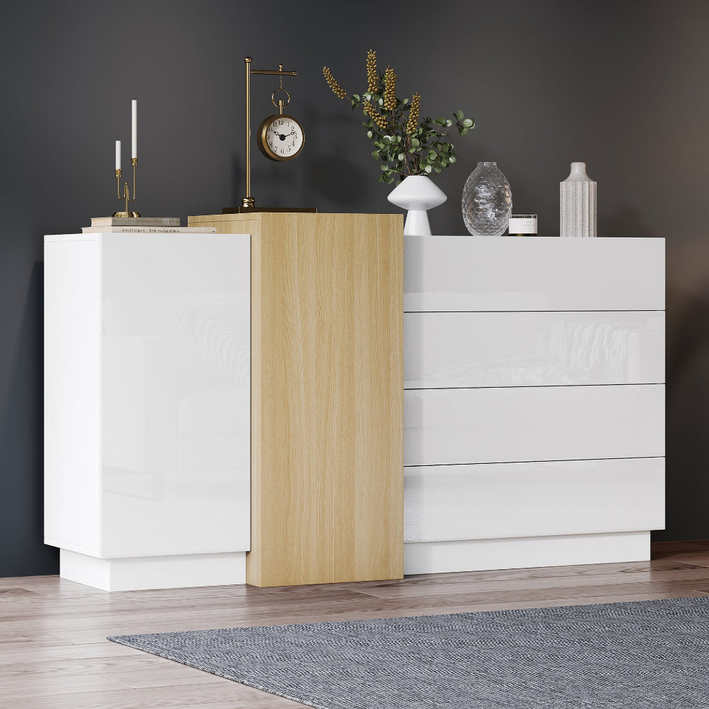 White High-Gloss Sideboard with 4 Drawers & 2 Doors | 140cm | Premium Home Decor | OFIA HOME