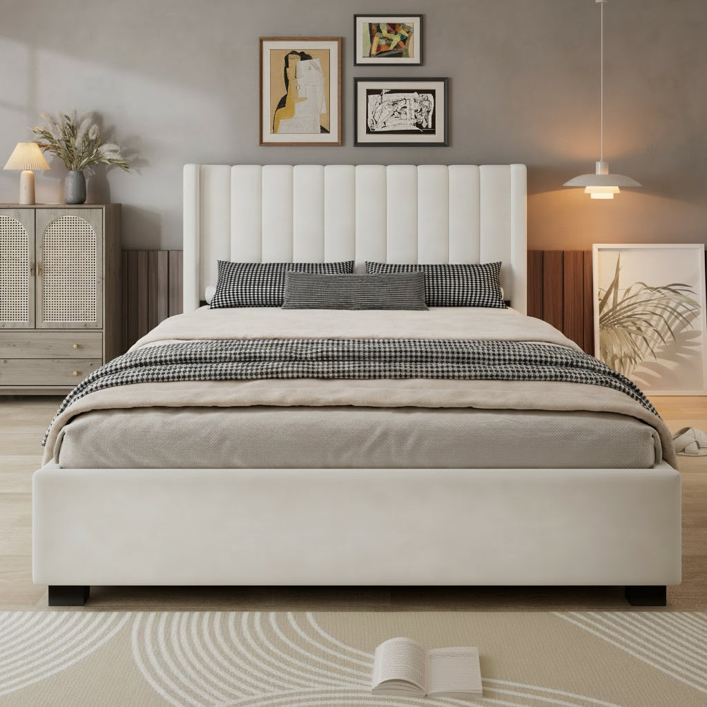 Upholstered Double Bed with Storage | 4ft6 135x190cm | 4 Drawer Divan, Velvet Headboard | Beige
