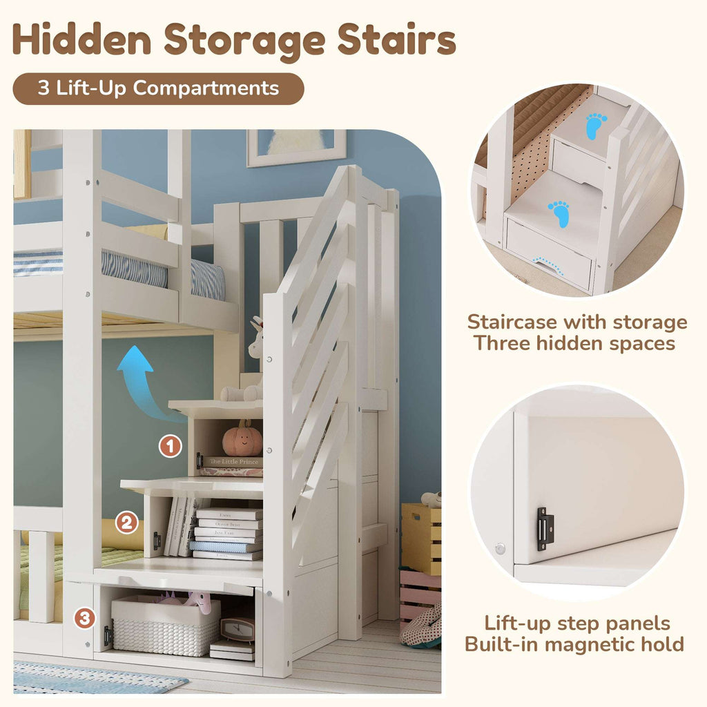 Children's House Bunk Bed | Solid Wood with Staircase Storage | Twin Sleeper 3ft | White | Premium Home Decor | OFIA HOME