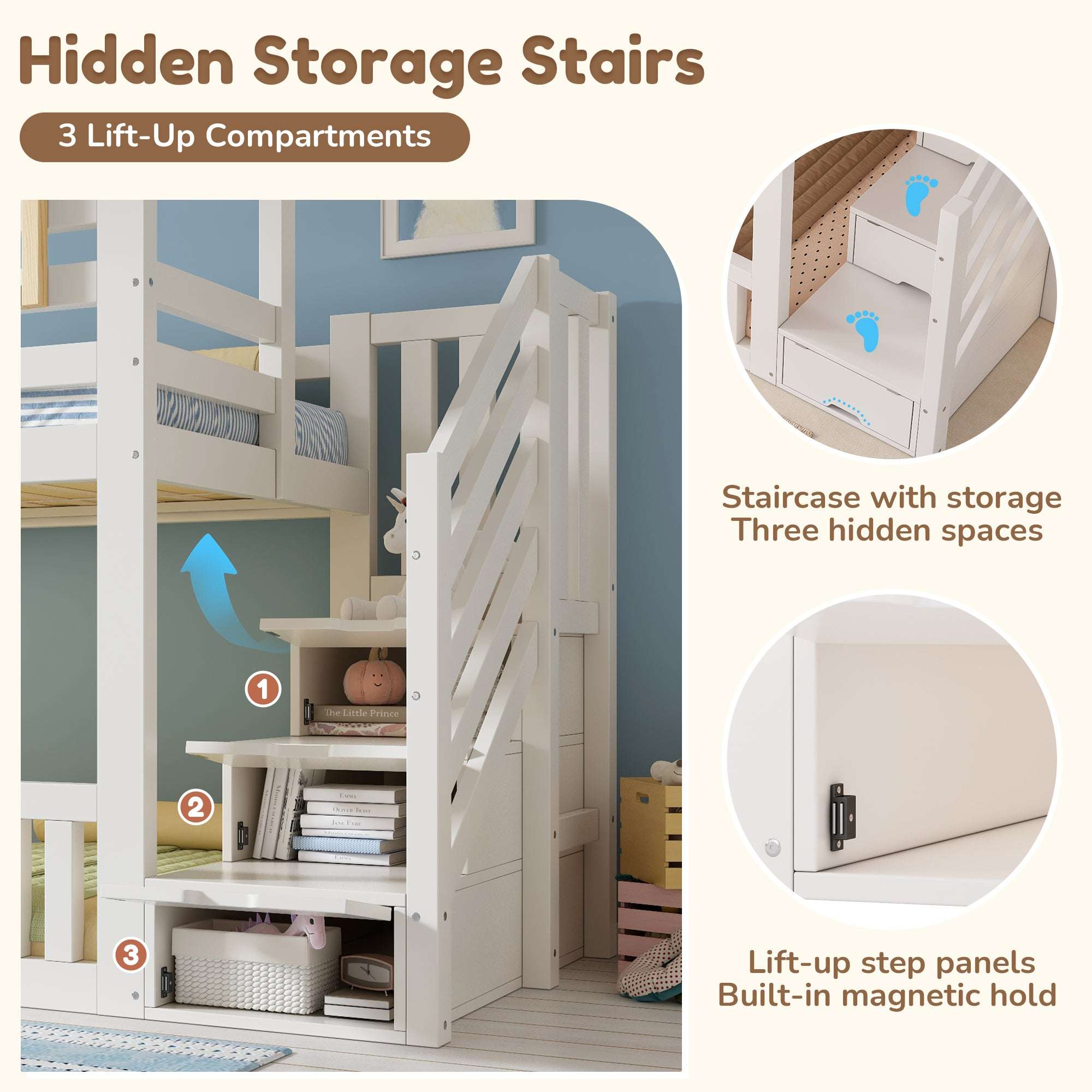 Children's House Bunk Bed | Solid Wood with Staircase Storage | Twin Sleeper 3ft | White | Premium Home Decor | OFIA HOME