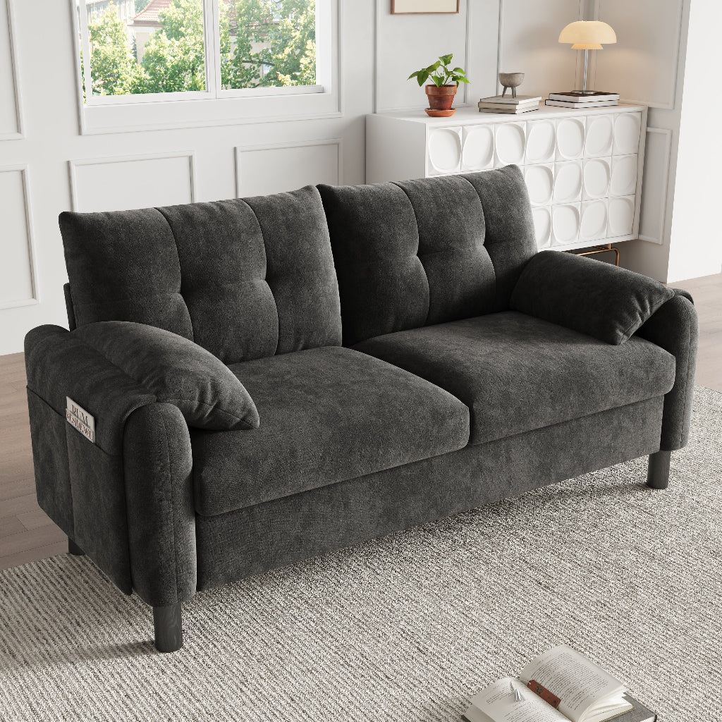 Grey Chenille 2 Seater Sofa with Side Storage Pockets | Compact | Premium Home Decor | OFIA HOME