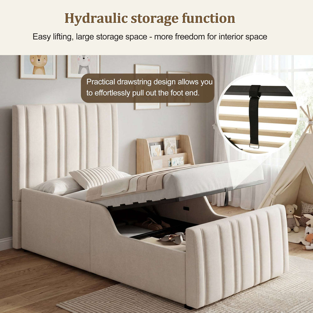 Children's Single Bed | Linen Upholstered Headboard & Hydraulic Storage | 3ft 90x190cm | Beige | Premium Home Decor | OFIA HOME