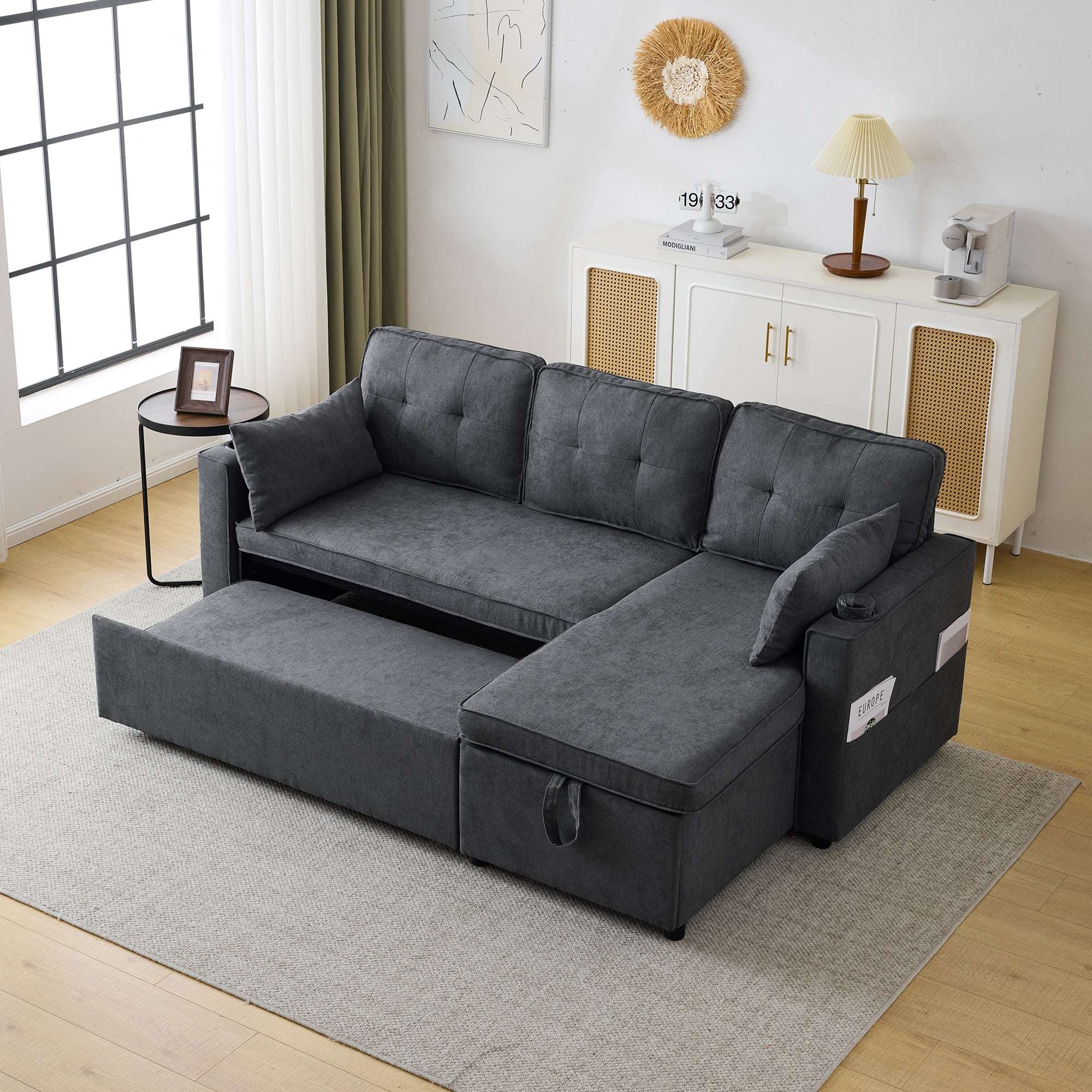 Grey 3-in-1 Convertible L-Shaped Sofa Bed with Storage Chaise | Premium Home Decor | OFIA HOME