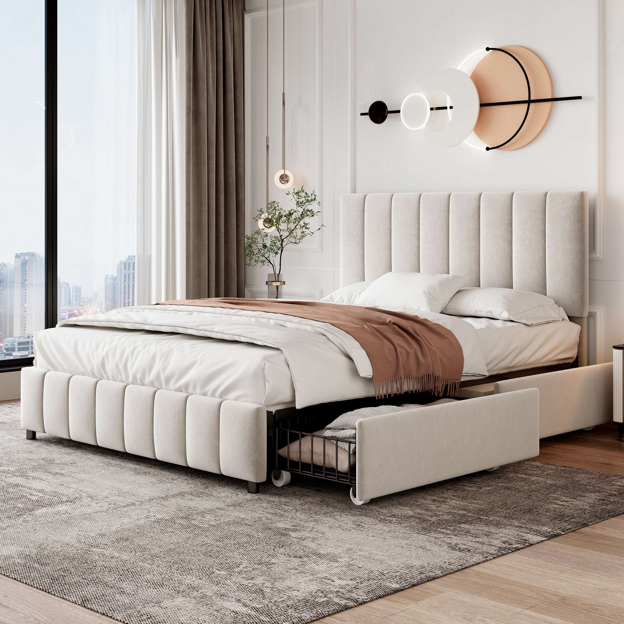 Beige Velvet Double Bed | 4 Storage Drawers & Tufted Headboard | 4ft6 | Premium Home Decor | OFIA HOME