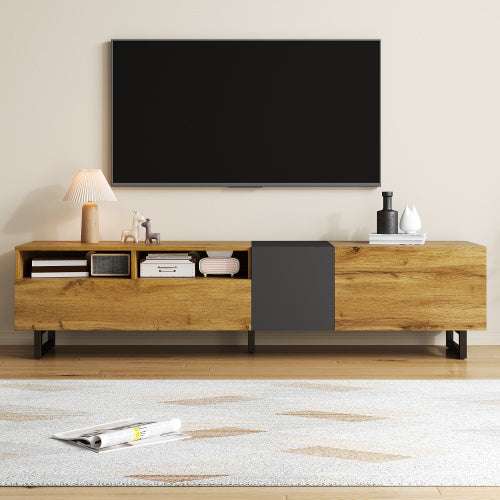 Retro Wood Grain Colourblock TV Cabinet – 3 Doors, U-Shaped Metal Legs | Premium Home Decor | OFIA HOME