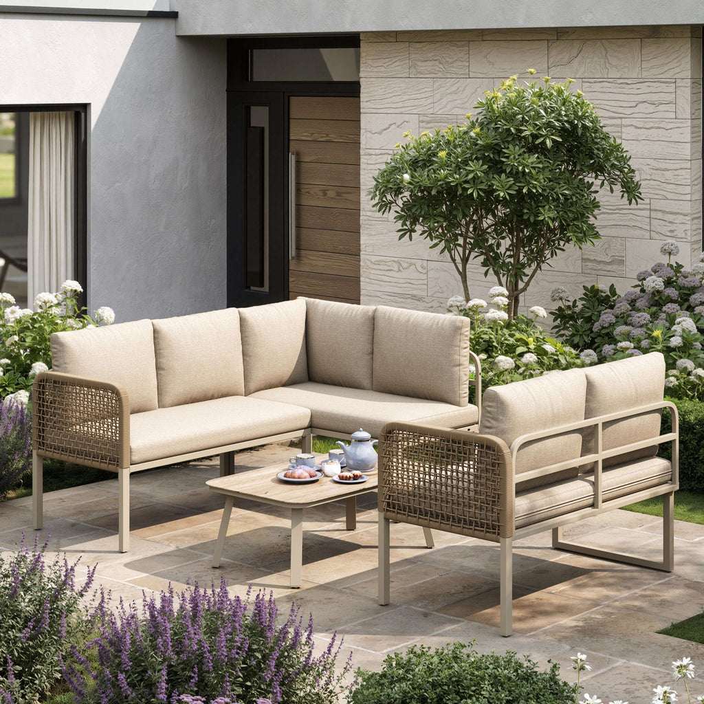 Beige L-Shaped Garden Sofa Set | 5-6 Seater | Rope Weave & Glass Table | OFIA HOME | Premium Home Decor | OFIA HOME