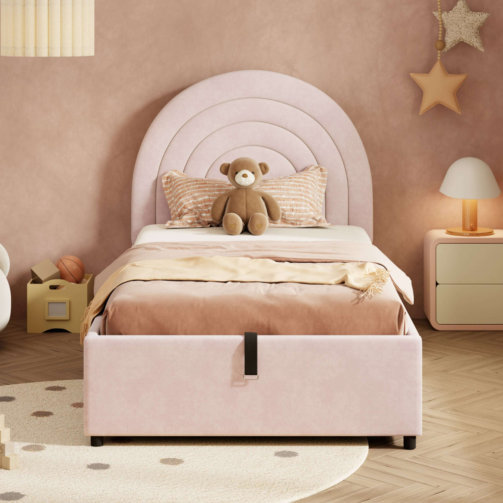 Children's Single Bed | Pink Velvet Upholstered | Slatted Frame & Headboard | 3ft 90x190cm | Premium Home Decor | OFIA HOME