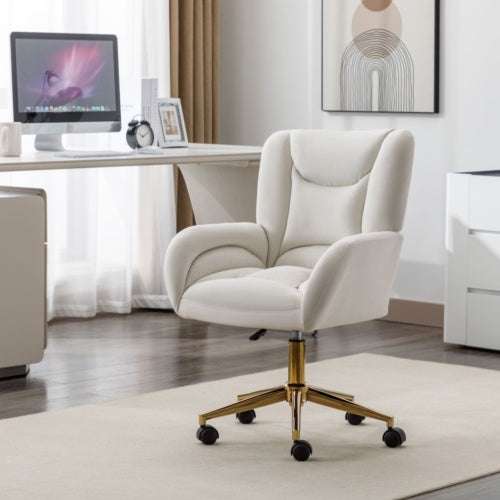 Ivory Velvet Swivel Office Chair – Adjustable Height with Gold Legs | Premium Home Decor | OFIA HOME