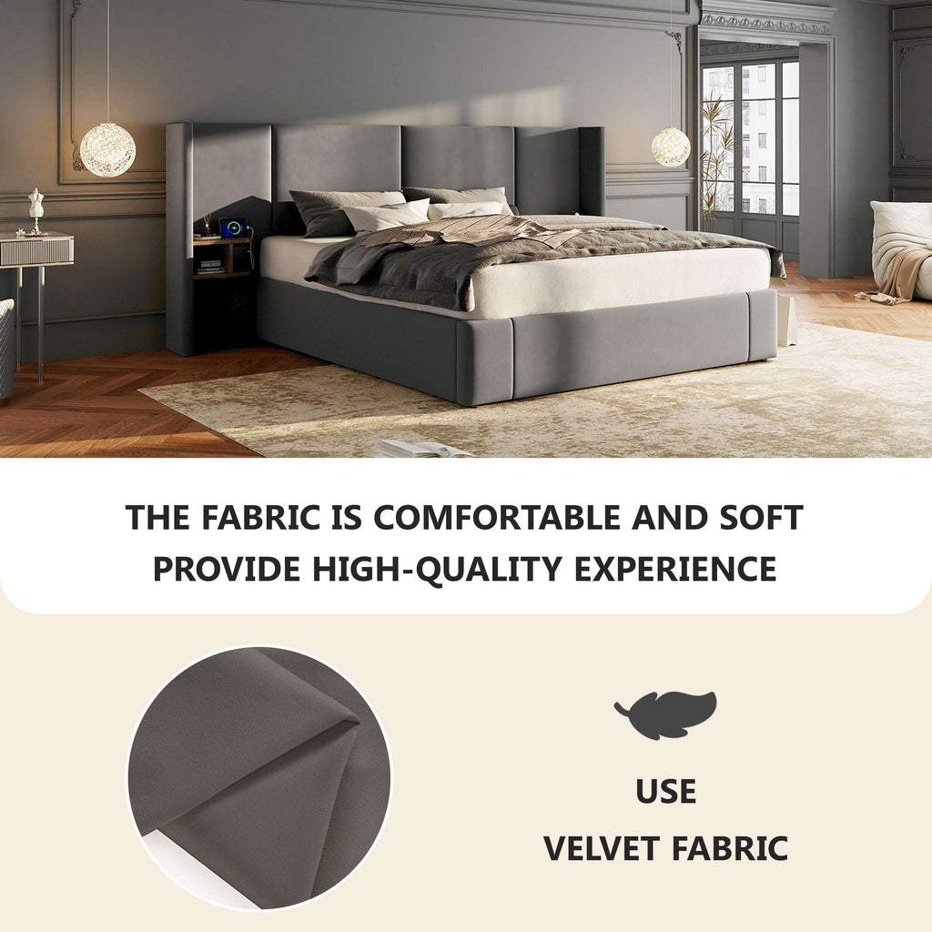 Grey Velvet Ottoman King Bed | USB Charging & Bedside Tables | 5ft | Premium Home Decor | OFIA HOME