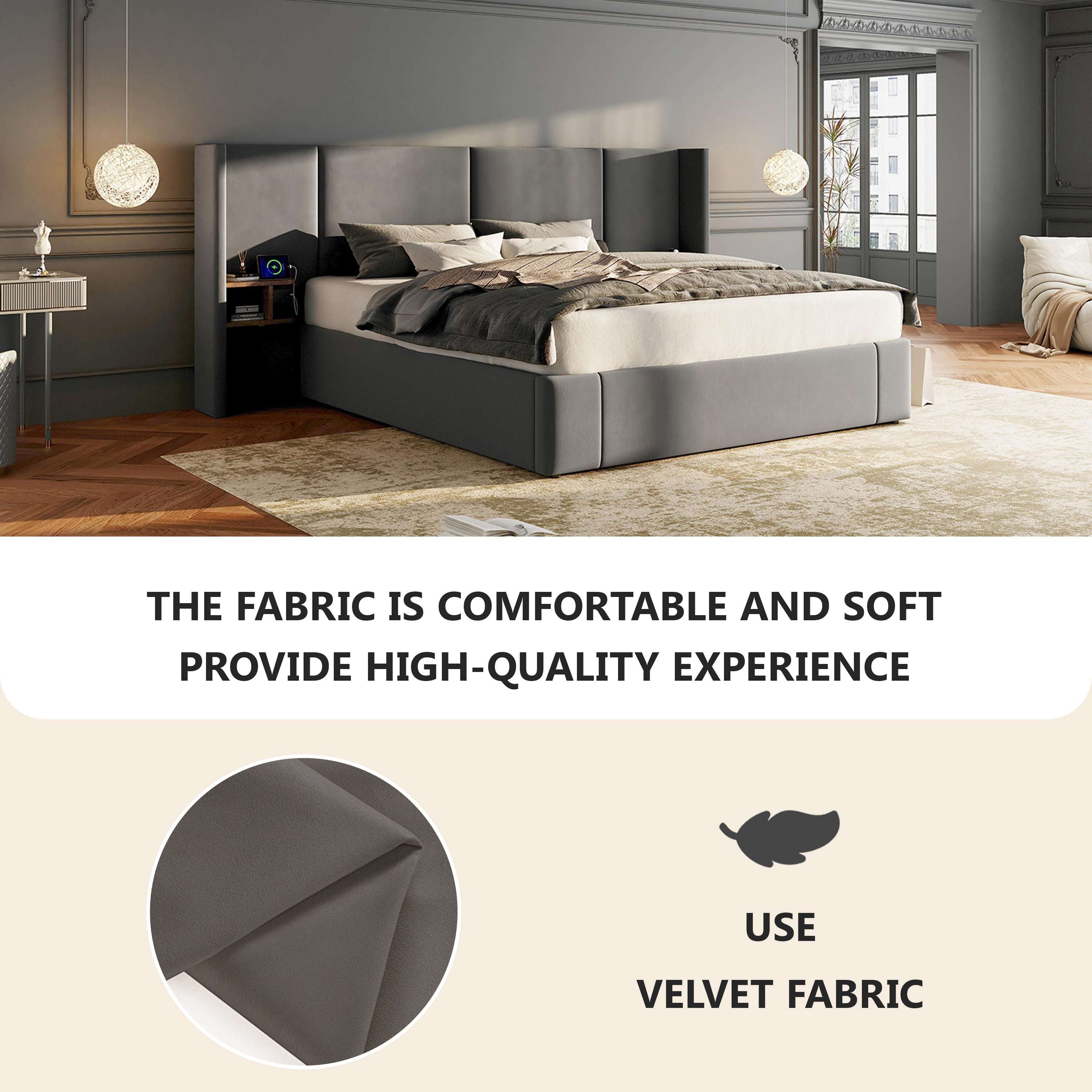 Grey Velvet Ottoman King Bed | USB Charging & Bedside Tables | 5ft | Premium Home Decor | OFIA HOME
