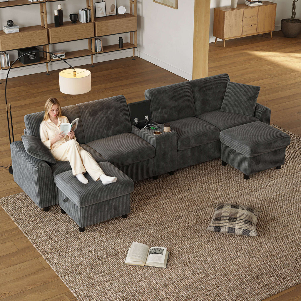 Grey Corduroy U-Shape Sectional Sofa | USB Charging | 4 Seater | Premium Home Decor | OFIA HOME