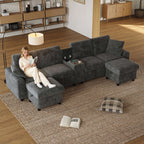 Grey Corduroy U-Shape Sectional Sofa | USB Charging | 4 Seater | Premium Home Decor | OFIA HOME