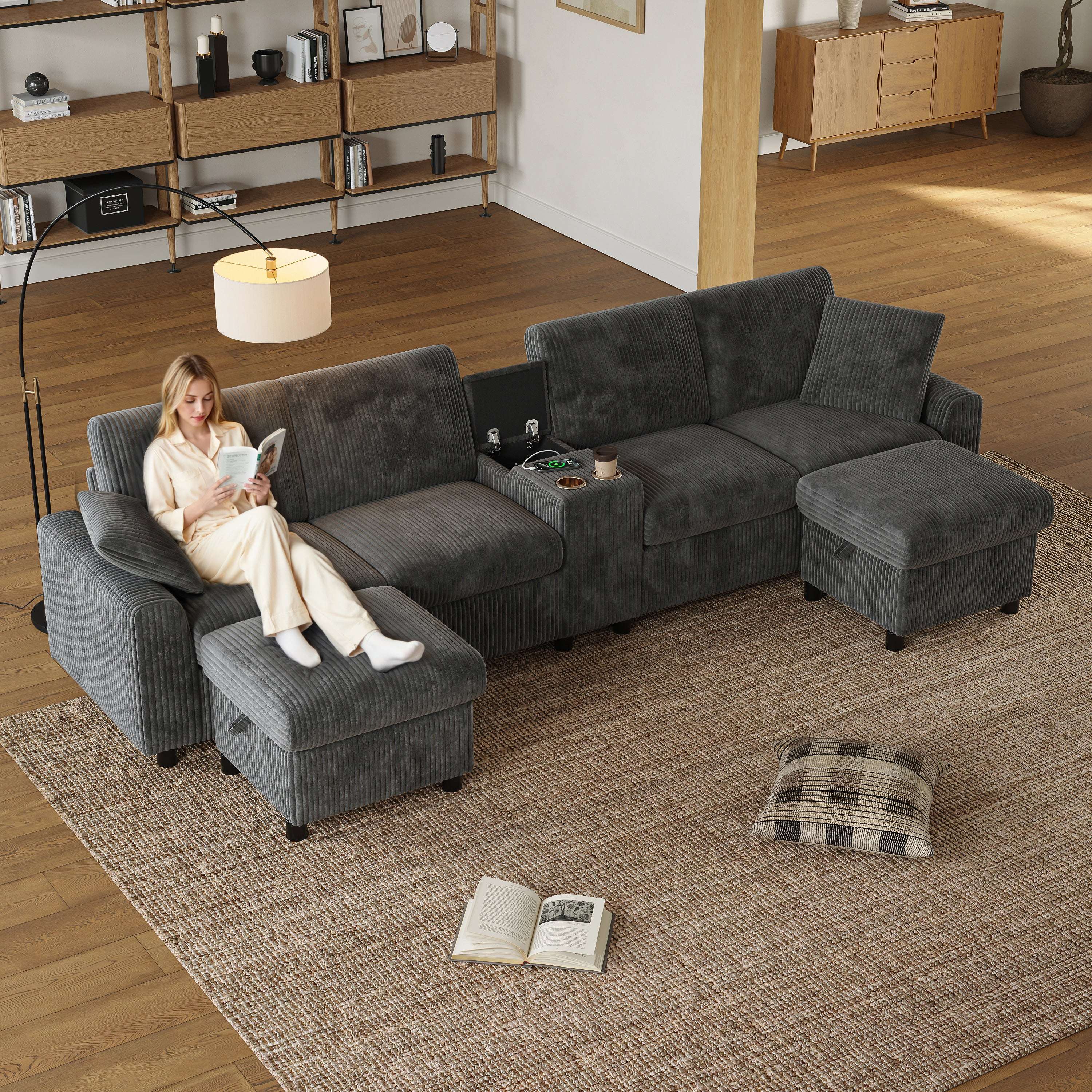Grey Corduroy U-Shape Sectional Sofa | USB Charging | 4 Seater | Premium Home Decor | OFIA HOME