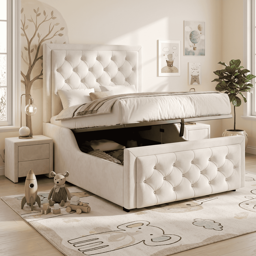 Children's Single Bed | Velvet Upholstered Headboard & Hydraulic Storage | 3ft 90x190cm | Beige | Premium Home Decor | OFIA HOME