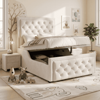 Children's Single Bed | Velvet Upholstered Headboard & Hydraulic Storage | 3ft 90x190cm | Beige | Premium Home Decor | OFIA HOME