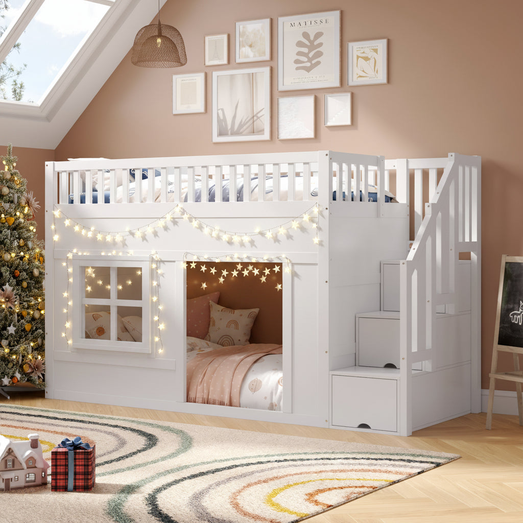White Bunk Bed with Storage Stairs & Play Area | 3ft Single (90x190cm) | Premium Home Decor | OFIA HOME