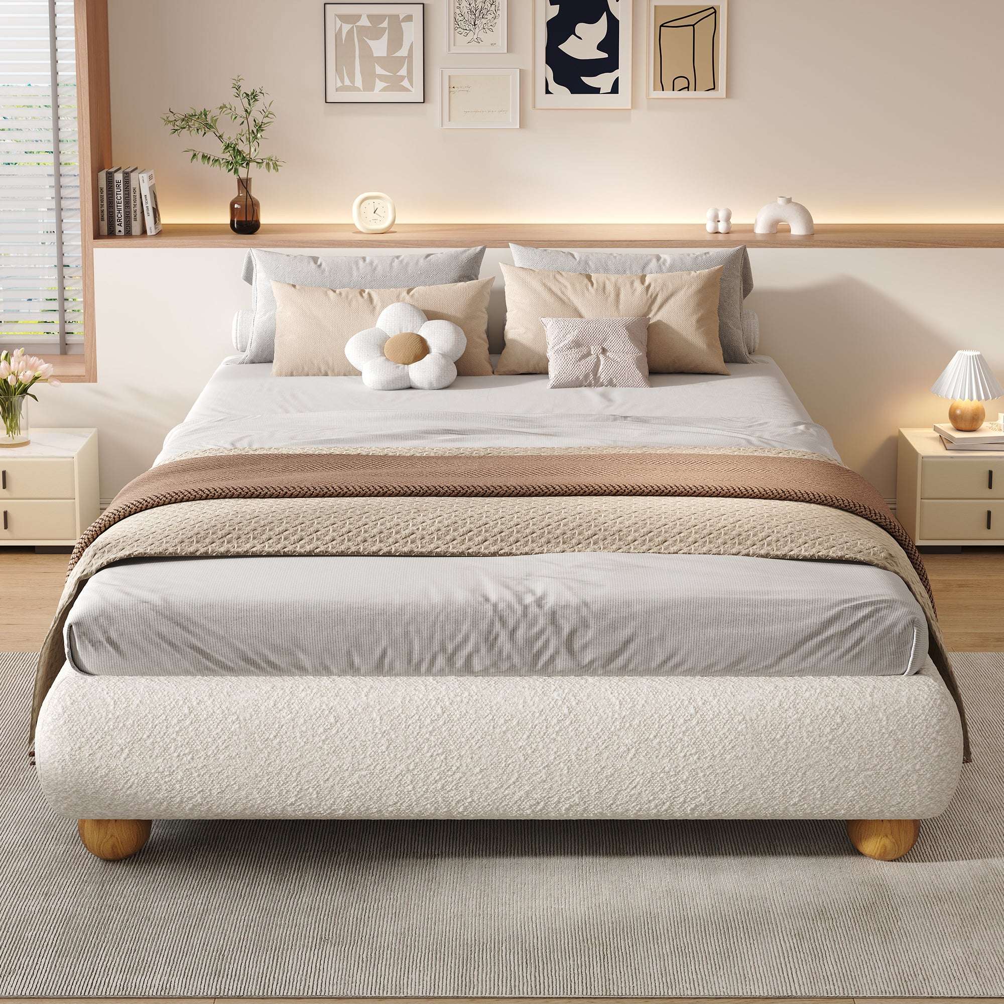 Boucle Upholstered Double Bed — Beige | Premium Home Decor | OFIA HOME